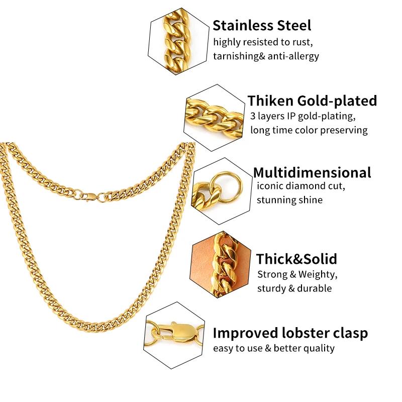 6mm/8mm/10mm Thickness Stainless Steel Cuban Curb Link Chain Necklace for Men Women Classic Punk Neck Jewelry Accessories