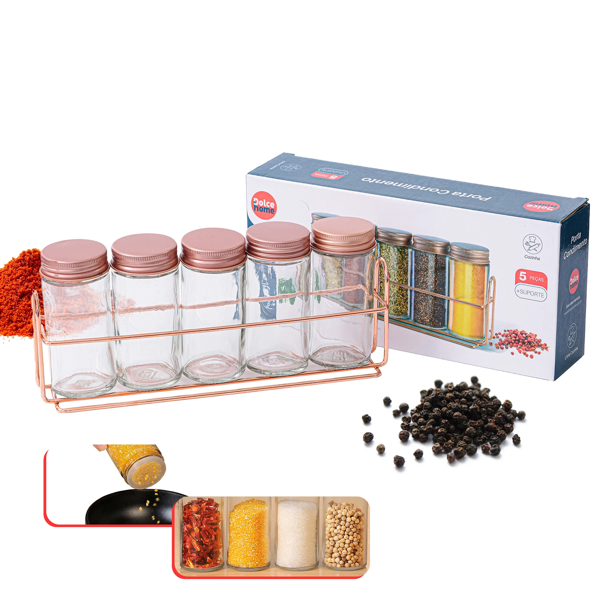 Potes P/condimentos Vidro Rose Kit C/5 + Suporte -dolce Home