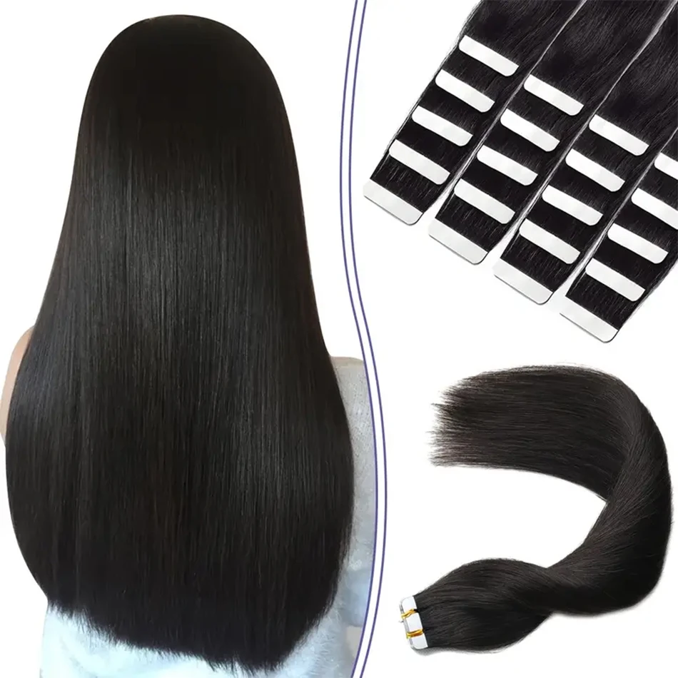 Straight Tape In Remy Human Hair Extensions Skin Weft Adhesive Invisible 100% Real Human Hair Tape Ins Natural Hair Extension 1B