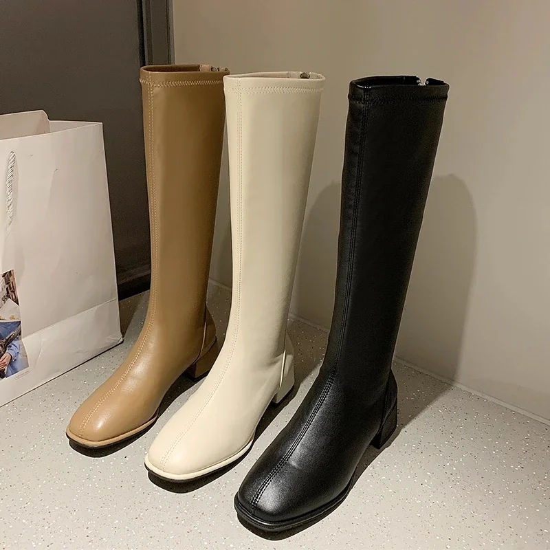 Bottes longues noires à talons hauts pour femmes, bottes hautes au genou, cuir souple, cuissardes, chaussures chaudes avec fermeture éclair, mode printemps et automne