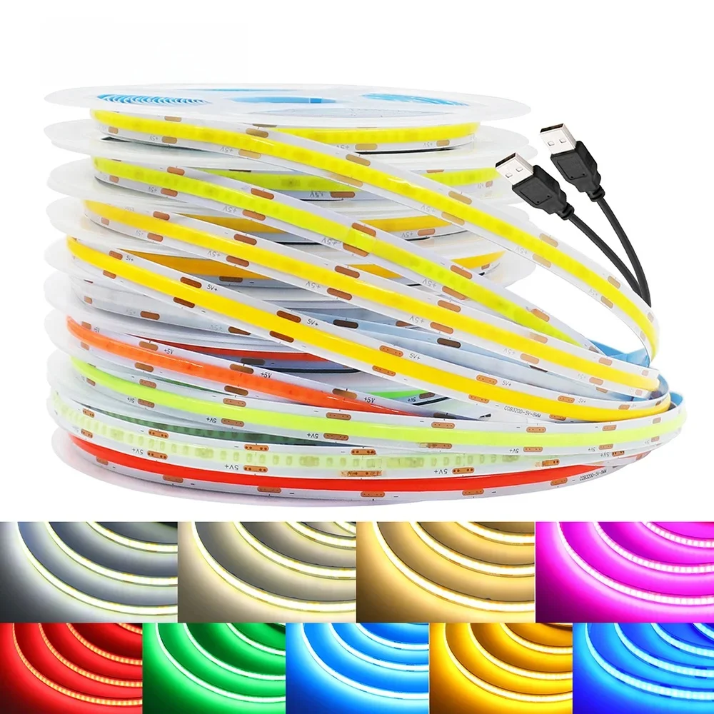 Bande lumineuse LED COB USB 5V, blanc, rouge, vert, rose, bleu glace, jaune, Flexible, 320 LED, 8mm, ruban PCB, rétro-éclairage TV, lampe de nuit