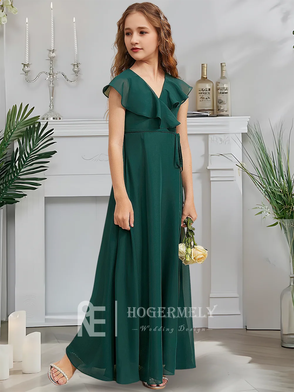 Дизайнерское трапециевидное платье для подружек невесты с нефритовым туманом, платье с цветочным узором для девочек, шифоновое платье с v-образным вырезом, садовое гала-танец, свадебное платье