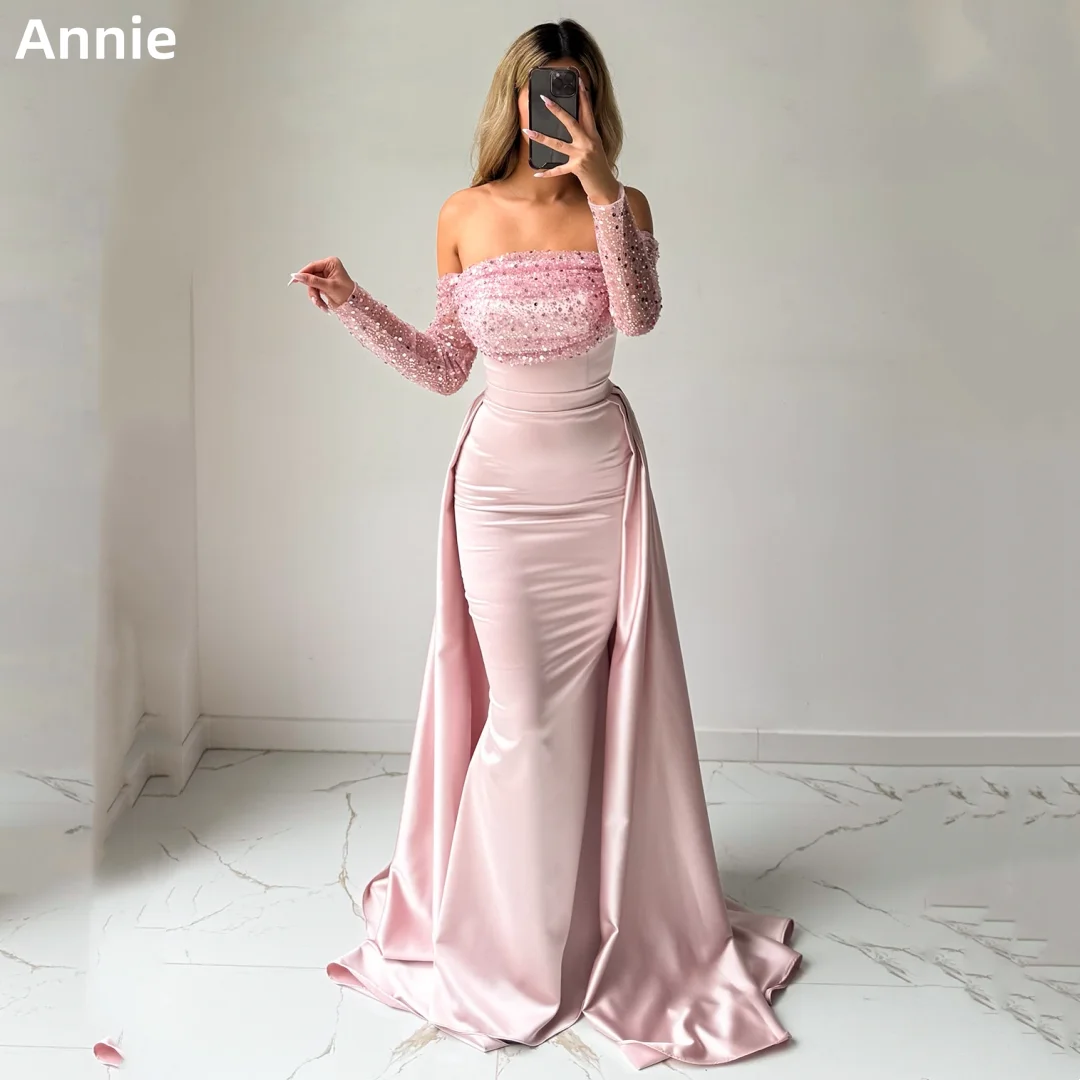 

Annie Lace glitter Sequins Prom Dresses Satin Mermaid Long Sleeves Evening Dresses Off-shoulder Party Dresses فساتين سهرة