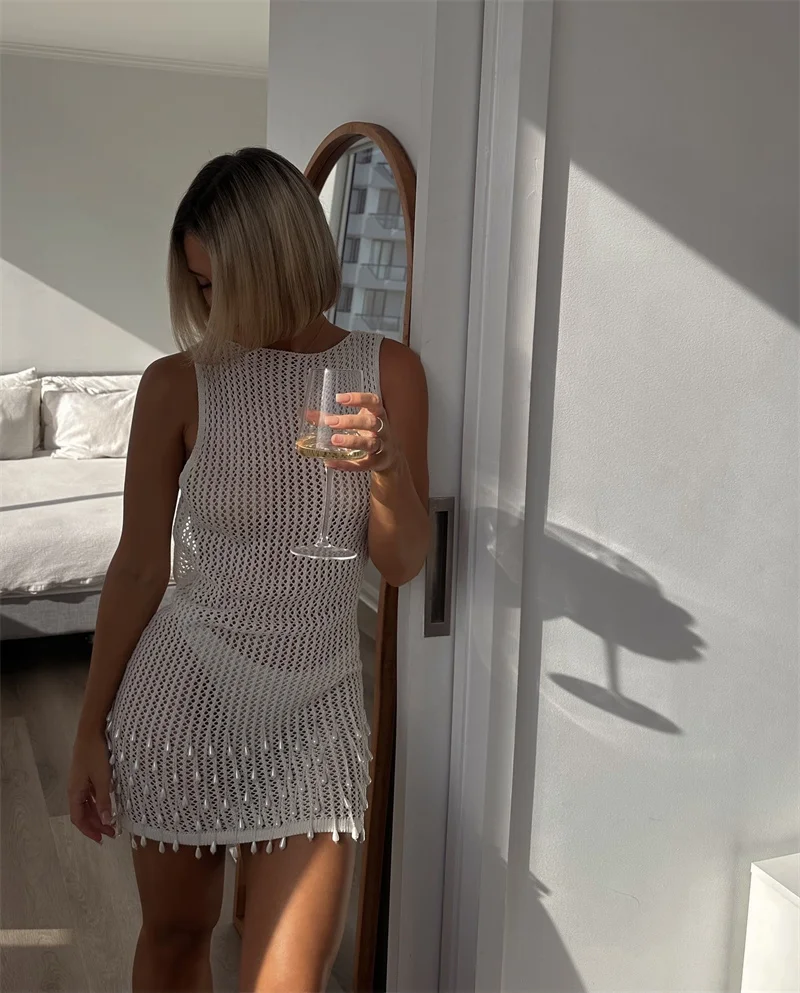 

Women's Sexy Sleeveless Backless Beading Short Bodycon Knitted Dress Beach Hollow Out Crochet Swimsuit Bikini Cover-Up Swimwear