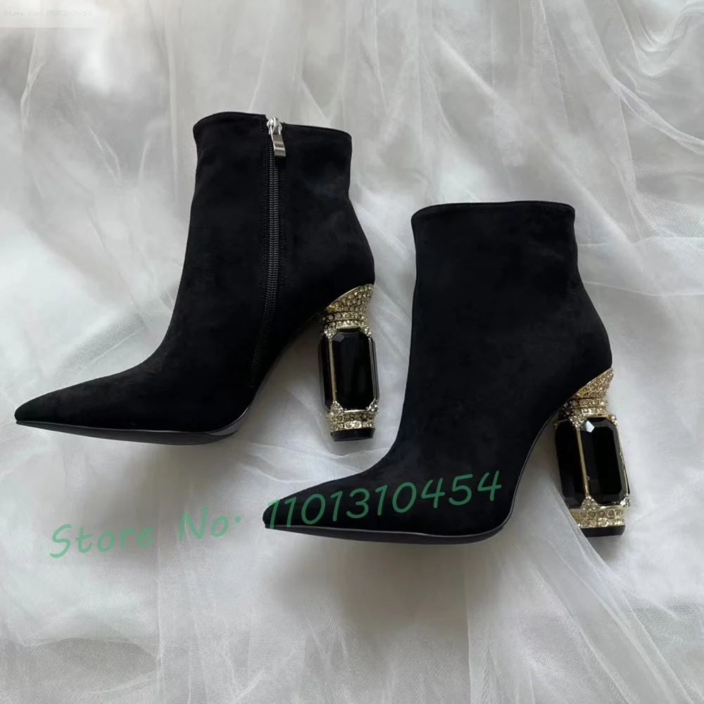 Gems High Heels Stretch Boots Women New In Novelty Pointy Green Ankle Boots Fashion Female Crystal Heel Retro Suede Long Shoes