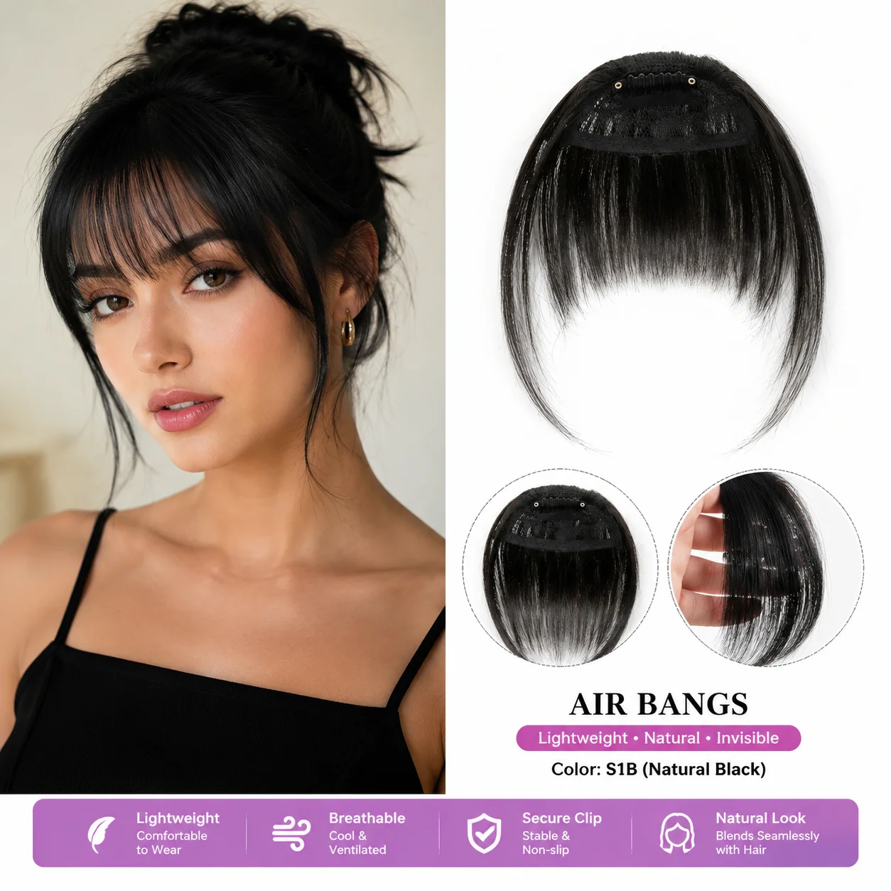 

Heat Resistant Synthetic Air Bangs Clip in European American Style Fiber Natural Look Daily Wear Hair Piece for Women