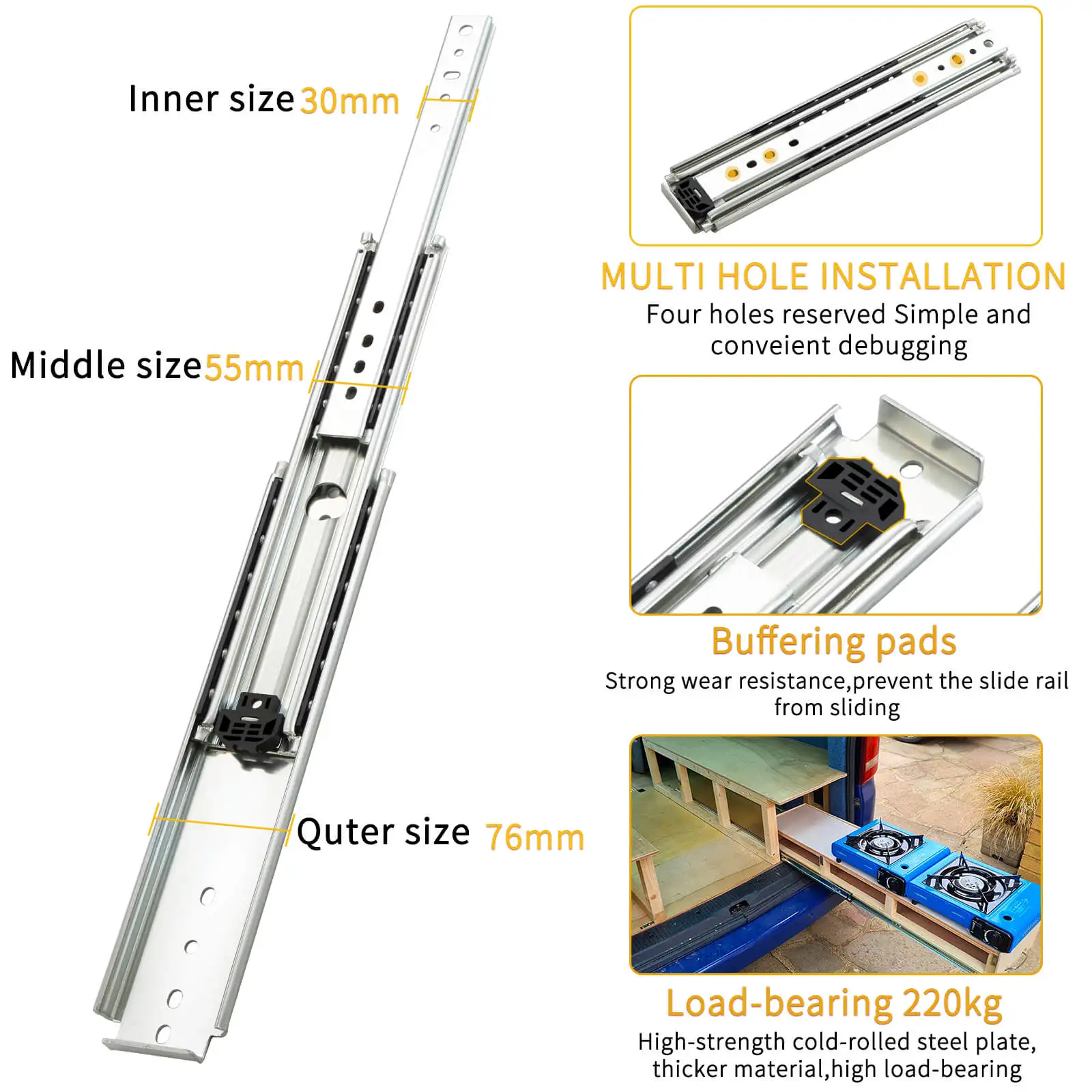Imagem -04 - Corrediças Resistentes da Gaveta de Cxhiia Cxa2576 Trilhos Completos da Corrediça da Gaveta da Extensão do Rolamento de Esferas Dever 220kg Capacidade de Carga Corrediça da Gaveta