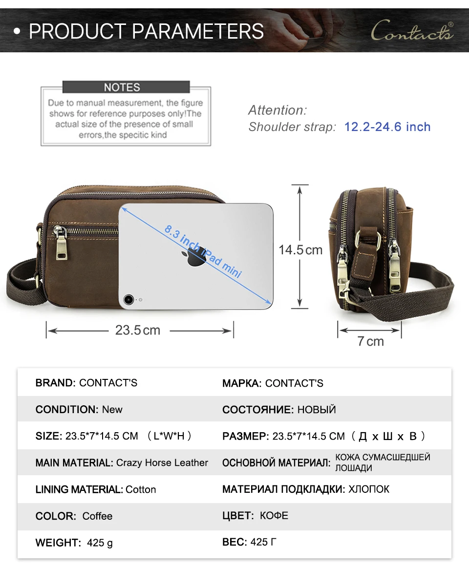 CONTACT'S Echtleder Kleine Umhängetasche für Herren, Vintage Crossbody-Schultertasche, Reisehandtasche mit Luxus-Ausführung für Männer – Detail 4