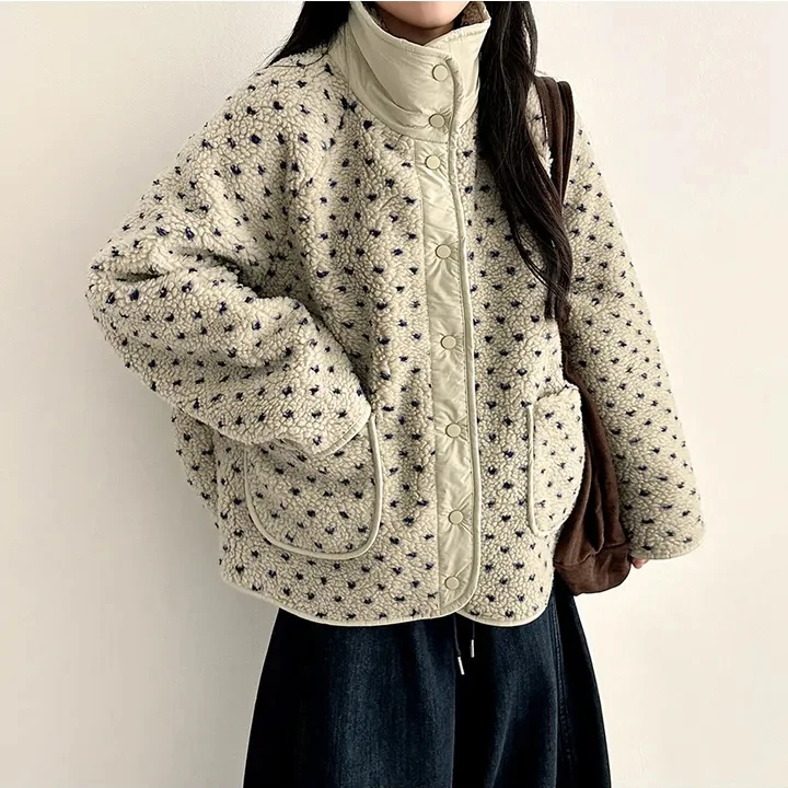 3 farben Herbst Winter Koreanische Chic Stil Woolen Jacke frauen Casual Lose Lamm Pelz Koreanischen Stil Floral Warme Mantel weibliche (hf7416)