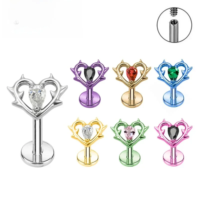F136 TItanium Thorns Heart Lip Piercing Teardrop Zirconia Internal Thread Labret Ear Flat Helix Lobe Piercing Anodized Nose Stud — 2