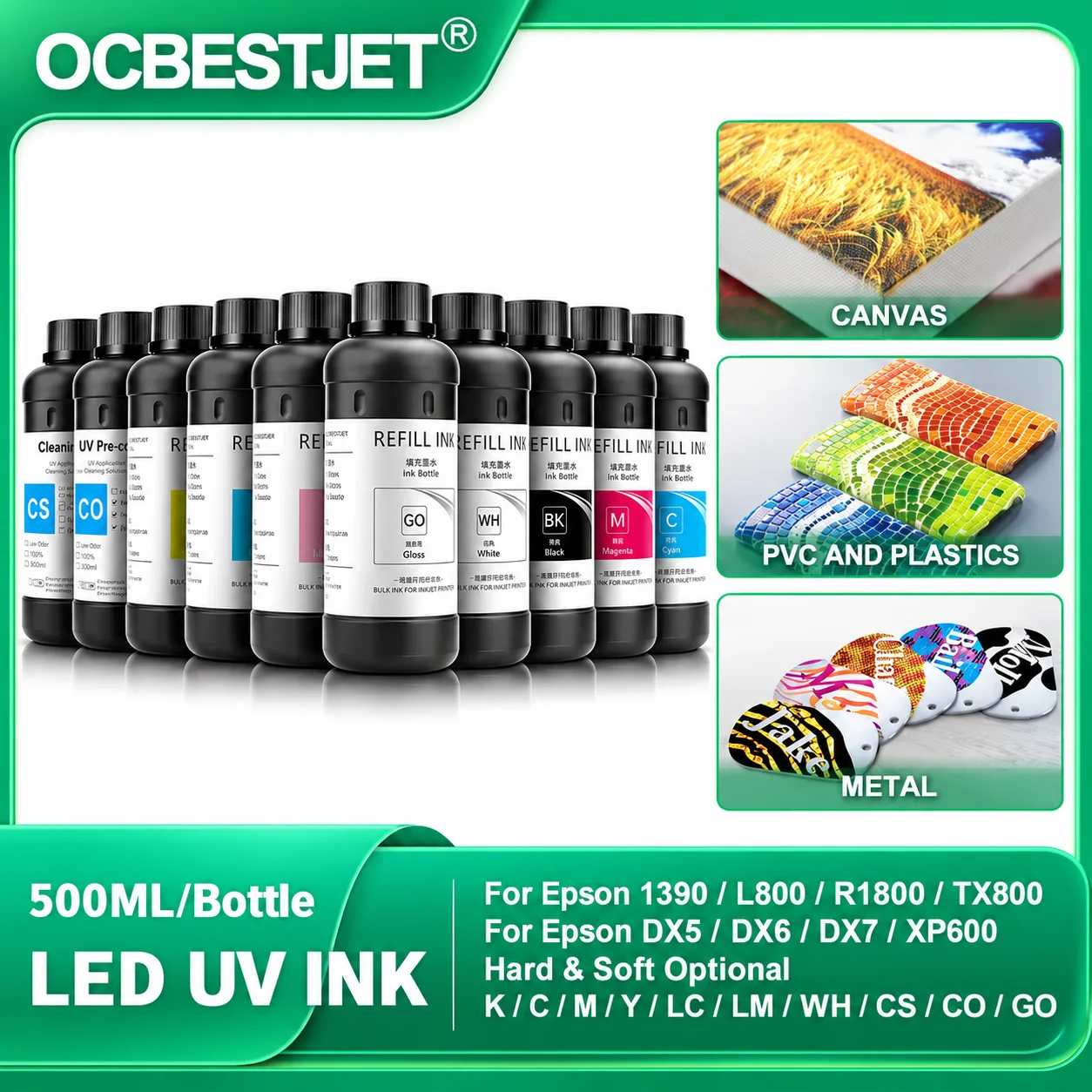 OCB 500ML UV Ink For DX4 DX5 DX6 DX7 DX10 TX800 XP600 Printhead For Epson 1390 L800 L1800 L805 R1800 R1900 UV Modified Printer