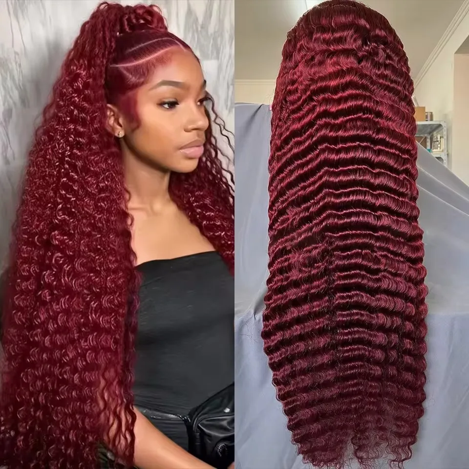 

99J Burgundy Deep Wave Hman Hair Wigs 13x6 HD transparent Lace Front Wigs Pre Plucked Natural Hairline Brazil Human Hair Wigs