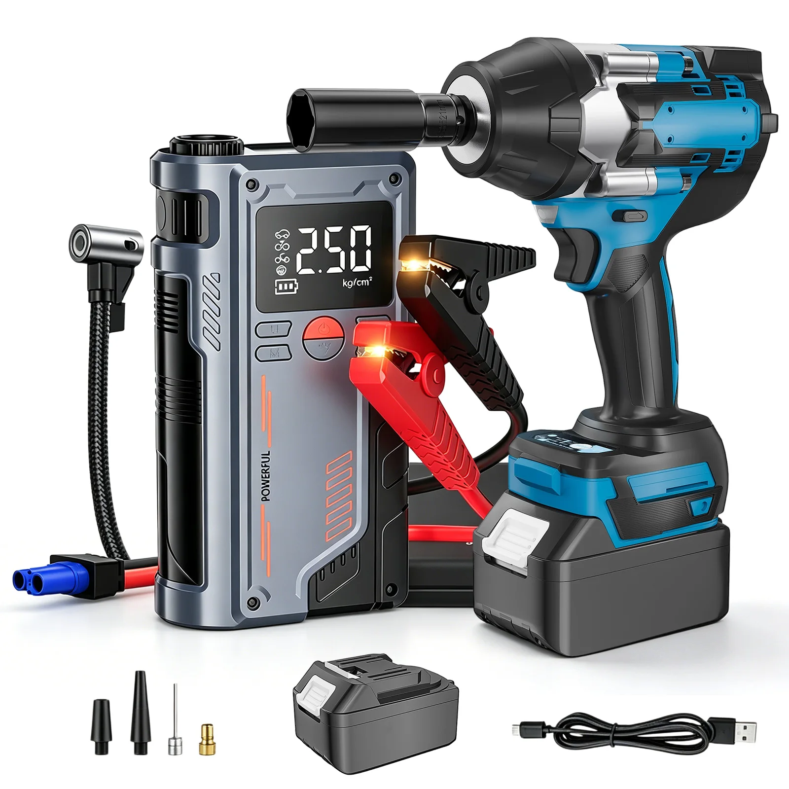 Klucz udarowy bezszczotkowy 1800N·m (1/2 cala / 3 prędkości / dwie baterie) + Power Bank Awaryjny 4-w-1 8000mAh (1000A / Pompka powietrza 150PSI / Światło SOS) Zestaw naprawczy samochodowy 2-w-1 na