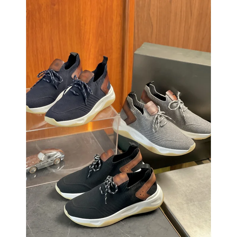 Luxury Men\'s Casual Shoes With Lace Up Knitted Upper Breathable Thick Sole Comfortable Business Casual Fashion Sock Shoes