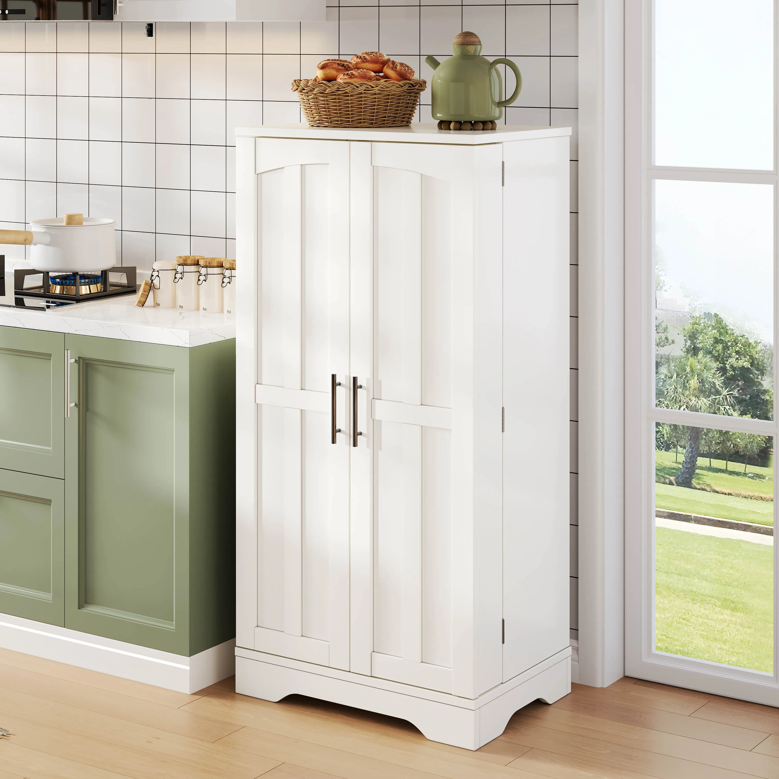 Weißer hoher Küchenschrank, multifunktionaler Aufbewahrungsschrank/Schrank/Sideboard/Snackschrank, mit Türrahmen, LED-Sensorlicht und verstellbaren Regalen, geeignet für Küche, Esszimmer, Wohnzimmer