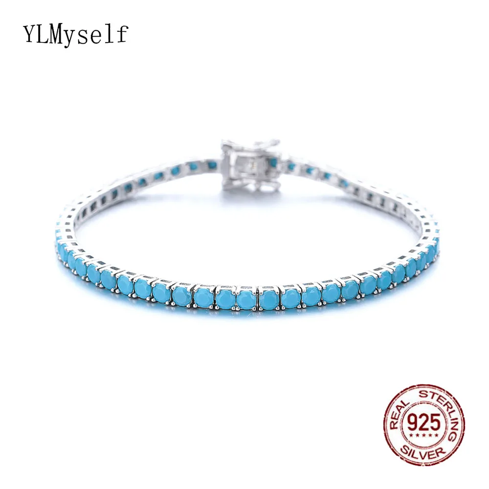 

Solid Real 925 Jewelry Pave 3 mm Turquoise Blue Stone Pure Silver 15-21 cm Tennis Bracelet For Women/Men