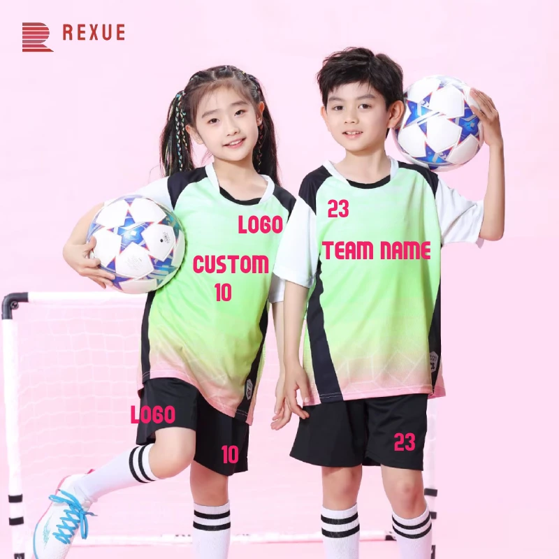 Children Summer Short Sleeve Football Kit Boys Girls Soccer Jersey Suit 2Pcs Cute Pastel Sportwears Can Customize Nam Number