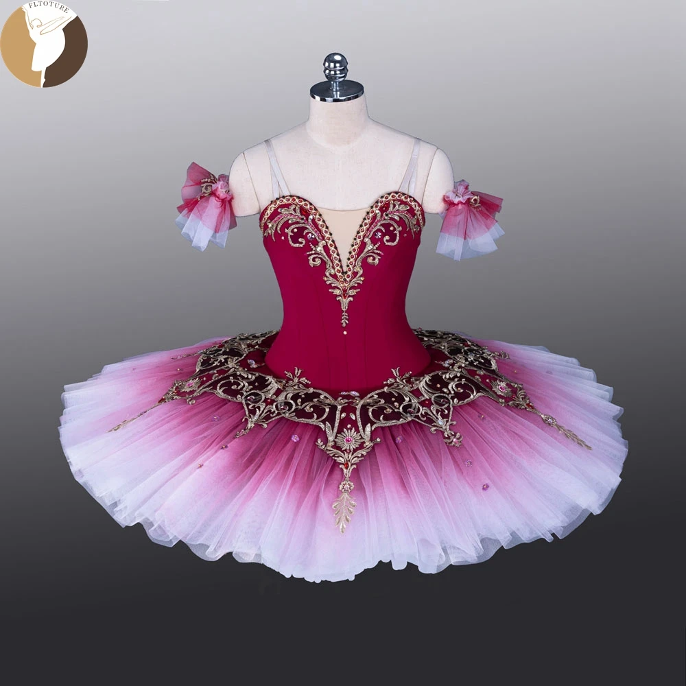 FLTOTURE Adult Deep Cherry Ballet Professional Pancake Tutu Paquita Sugar Plum Fairy Classical Stage Competition Costume QW1378