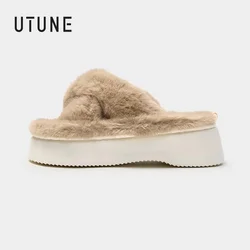 UTUNE 5.5CM Women's Winter Cross Strap Plush Sandals Home Slippers Platform Outdoor Shoes Lightweight And Comfortable