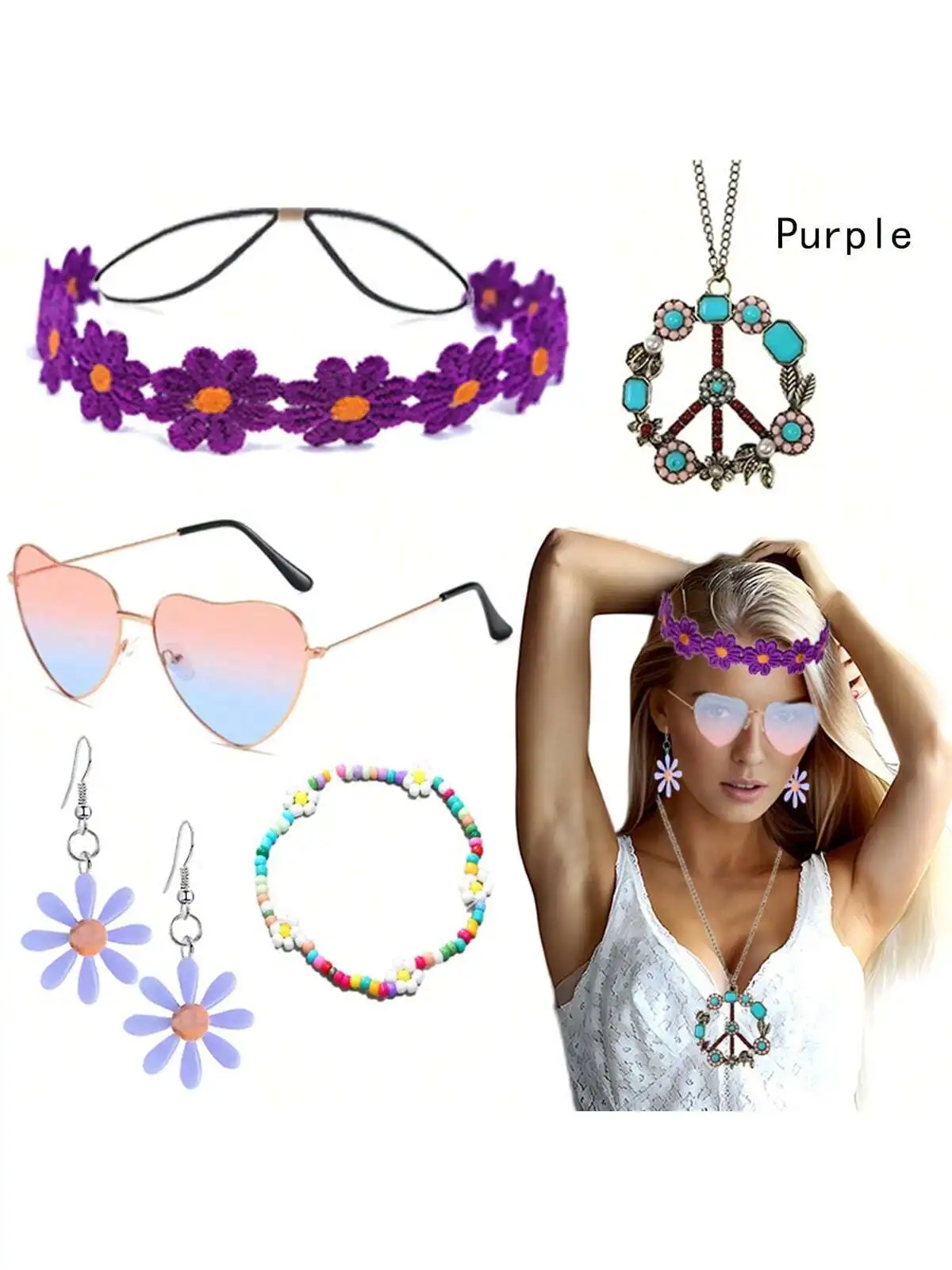 6 Pieces Hippie Accessory Set includes Peace Sign Bead Necklace, Flower Crown Headband, Hippie Sunglasses Party Costume for Wome