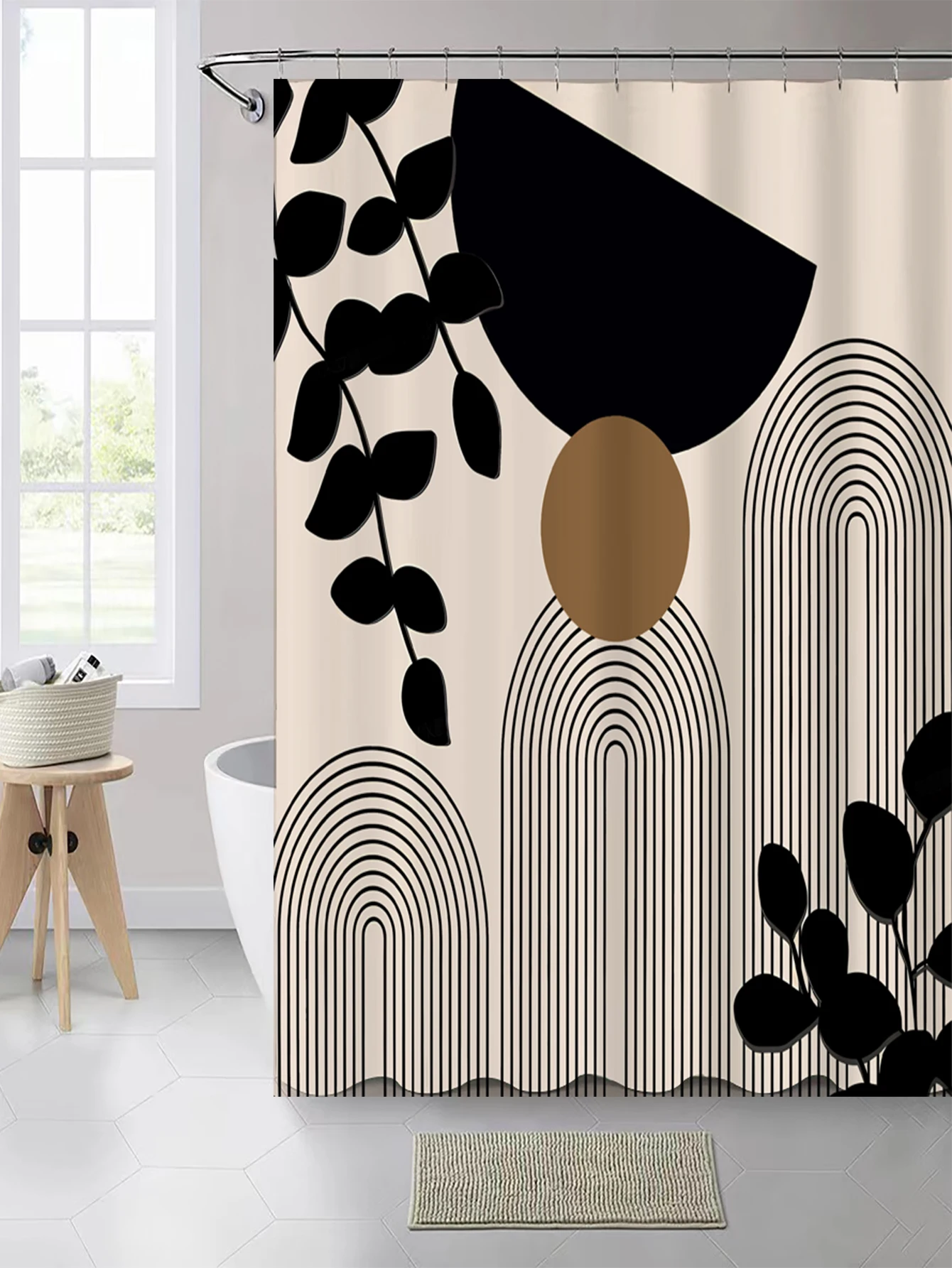 Abstract Geometric Minimalist Shower Curtain Set with Modern Leaf Pattern -Water-resistant Polyester Bathroom Decor with 12 Plas