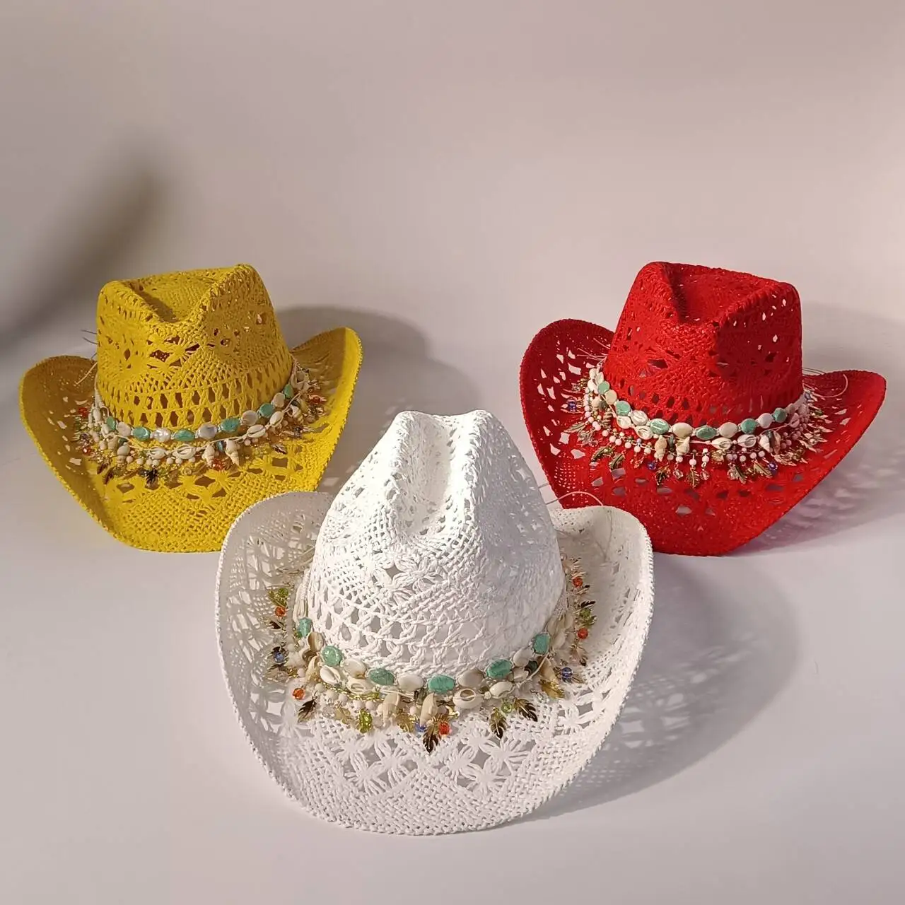 

Women'S Yellow Crochet Western Cowboy Hat Breathable Hollow Out With Turquoise Sea Shell Beaded Band For Summer Beach Sun Protec