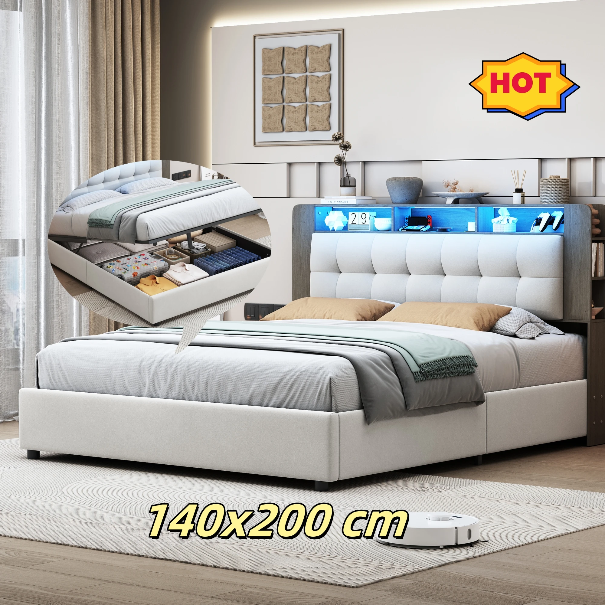Cama tapizada 140x200 cm, con tira de luz LED y enchufe Euro, cama con espacio de almacenamiento, respaldo de terciopelo, beige