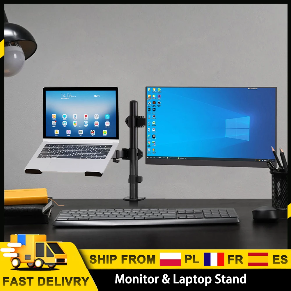 Support de moniteur double avec plateau pour ordinateur portable, pour écrans d'ordinateur de 13 à 27 pouces, support de bureau ergonomique pour la maison, le bureau et les professionnels