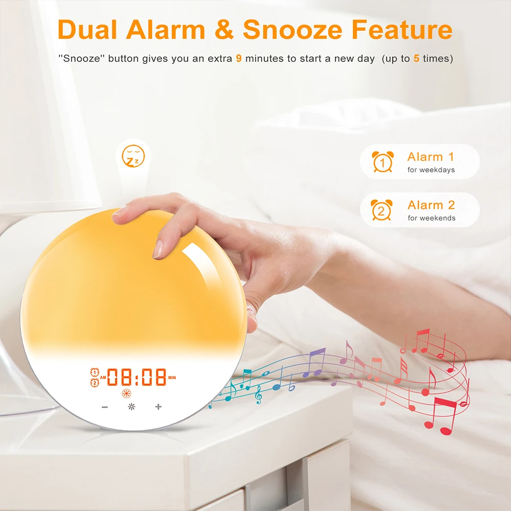 WiFi Smart Wake Up Light Workday Alarm Clock with 7 Colors Sunrise/Sunset Smart Life Tuya APP Works with Alexa Google Home