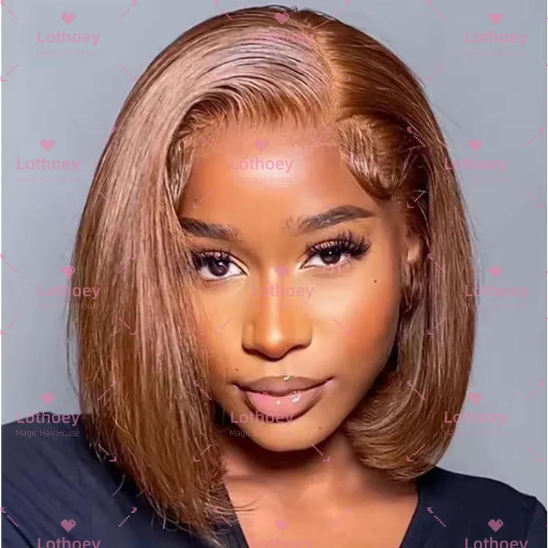 

Super Double Drawn Bone Straight Frontal Bob Wig with Human Hair Chocolate Brown For Women lace front wig natural hair