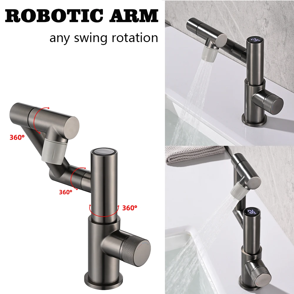 Bathroom Brass Basin Faucet Mixer Hot Cold Water Tap One Hole Deck Mounted Micro Generator Temperature Display Gunmetal Bagnolux