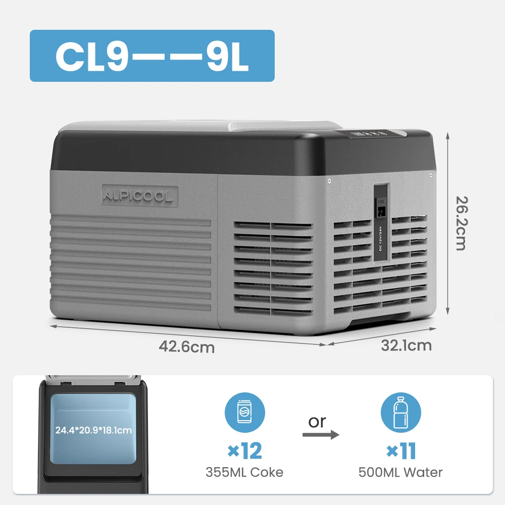 Alpicool CL9 9L Auto-Kühlschrank 12V Kompressor-Kühlbox Mini-Gefrierschrank 12/24V DC 100-240V AC Tragbarer Kühler für Camping und Reisen