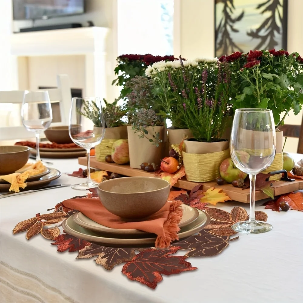 1pc Autumn Maple Leaf Embroidered Table Runner, Flocked Brown Maple Design, Rustic Farmhouse Thanksgiving Harves