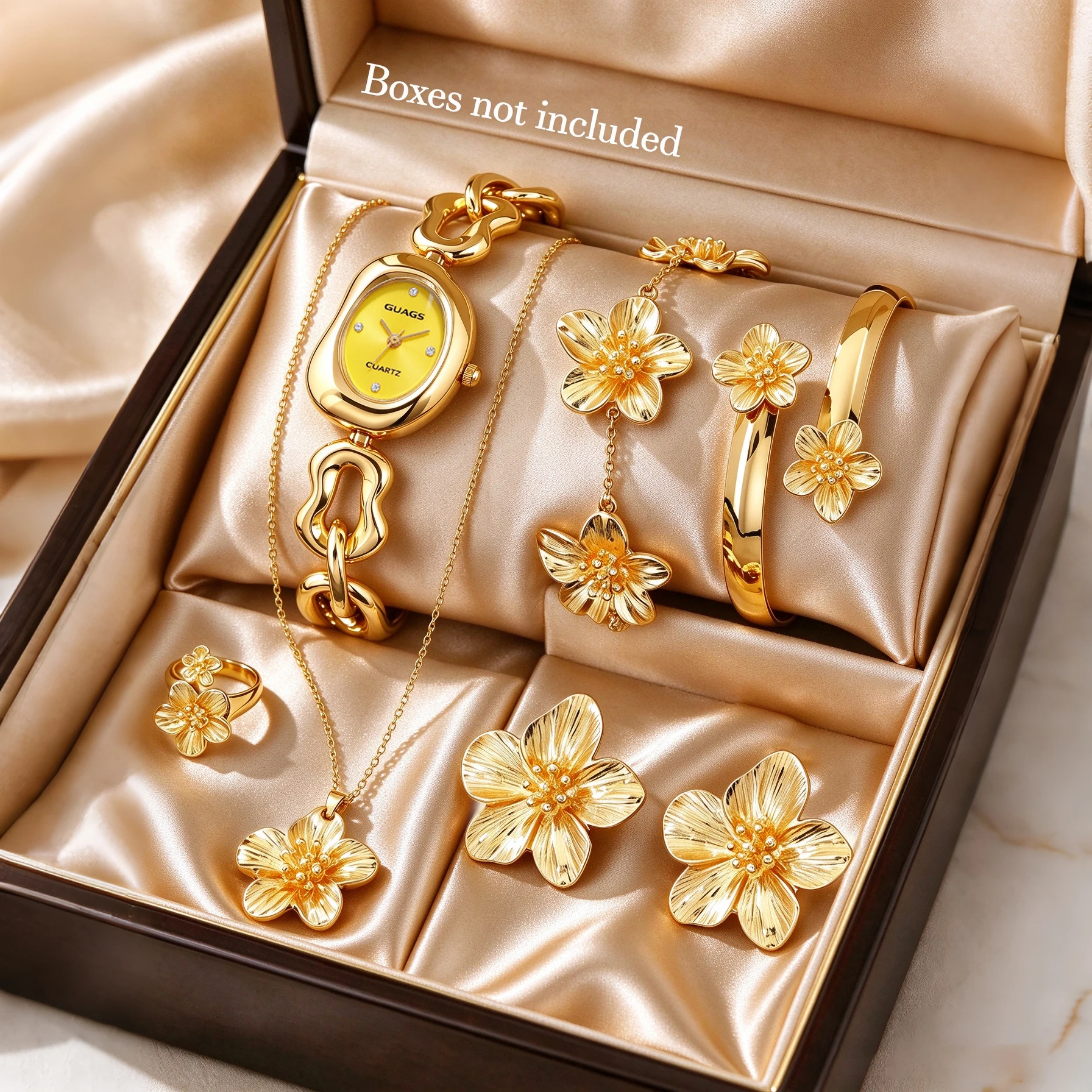 7-Piece Set of Gold-Tone Watches Paired with Floral Series Jewelry, Featuring an Irregular Dial, Luxurious and Elegant, Suitable for Formal Occasions and Holiday Parties, an Ideal Choice for Gifting