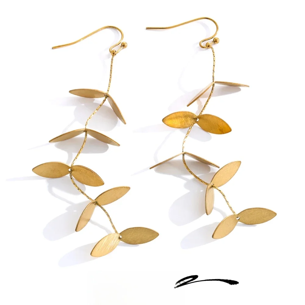 Yhpup Vintage Retro Old Stainless Steel Leaf Long Hanging Drop Earrings PVD Plated Prevent Allergy Metal Stylish Jewelry France — zdjęcie 2