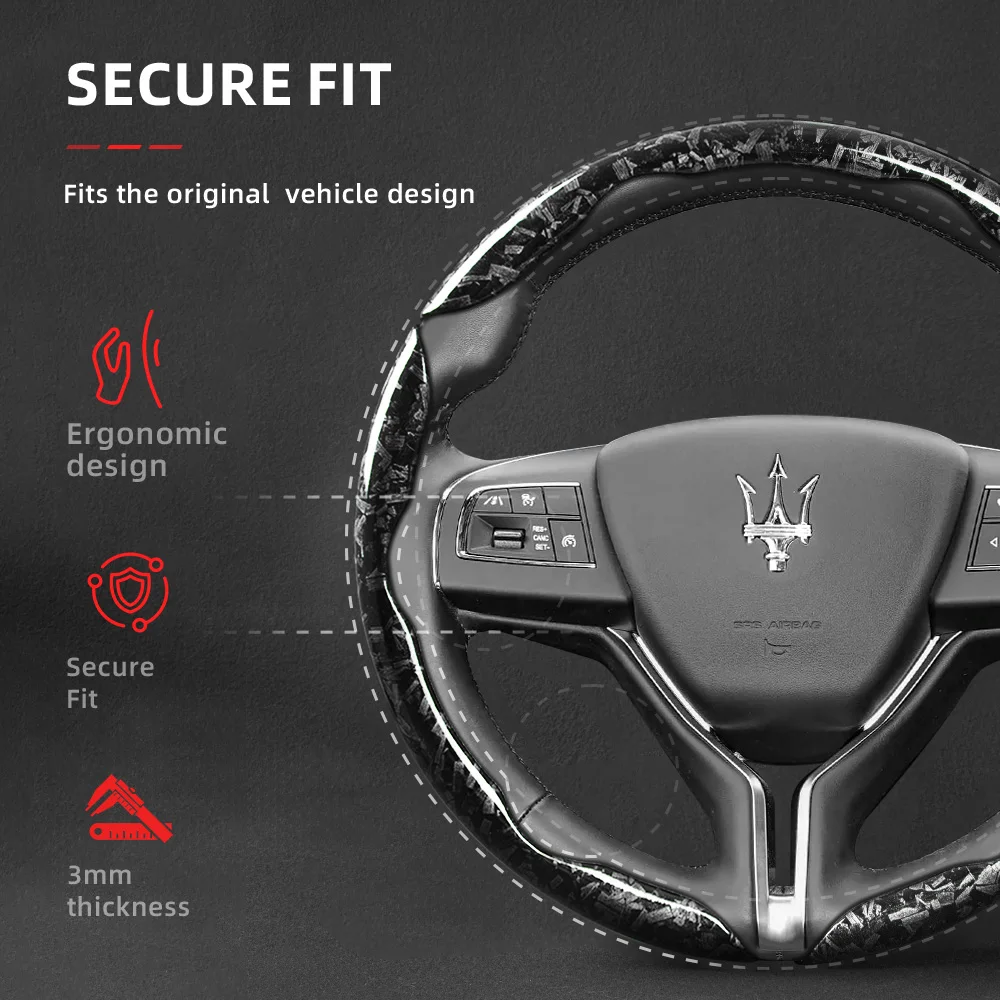Suitable for Maserati forged carbon fiber textured steering wheel cover, snap-on, no-sew, quick installation for Grecale, Granturismo, Grancabrio, Cielo, Mc20, Gt2, Stradale, Mcxtrema, Quattroporte, Ghibli, Levante