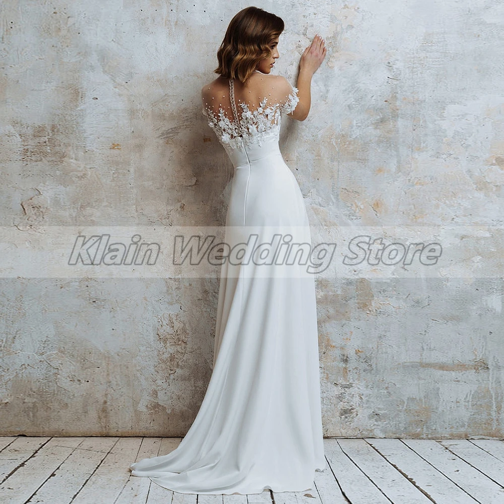 Vestido de novia de playa personalizado Weilinsha Blanco Simple de manga corta con apliques para novia ilusión cuello redondo señoras tren de barrido nupcial