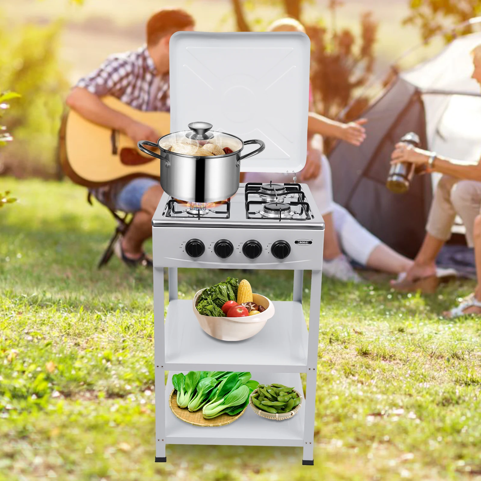 

Commercial Restaurant Kitchen Stand 4 Burners Cooking Gas Stove Set With Cover Heat Dissipation Holes For Camping, Fishing, RV