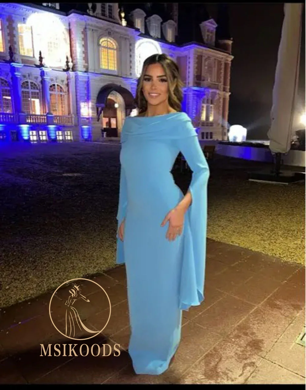 Msikoods Elegant Blue Mermaid Prom Dress Elastic Satin Draped Long Sleeves Customized Formal Evening Dress vestido de gala