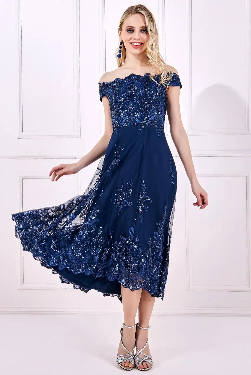 

New Hot Selling Long Sexy Strapless Off Shoulder Navy Blue Dress Elegant Lace A-Line Wedding Guest Cocktail Party Dress 2023