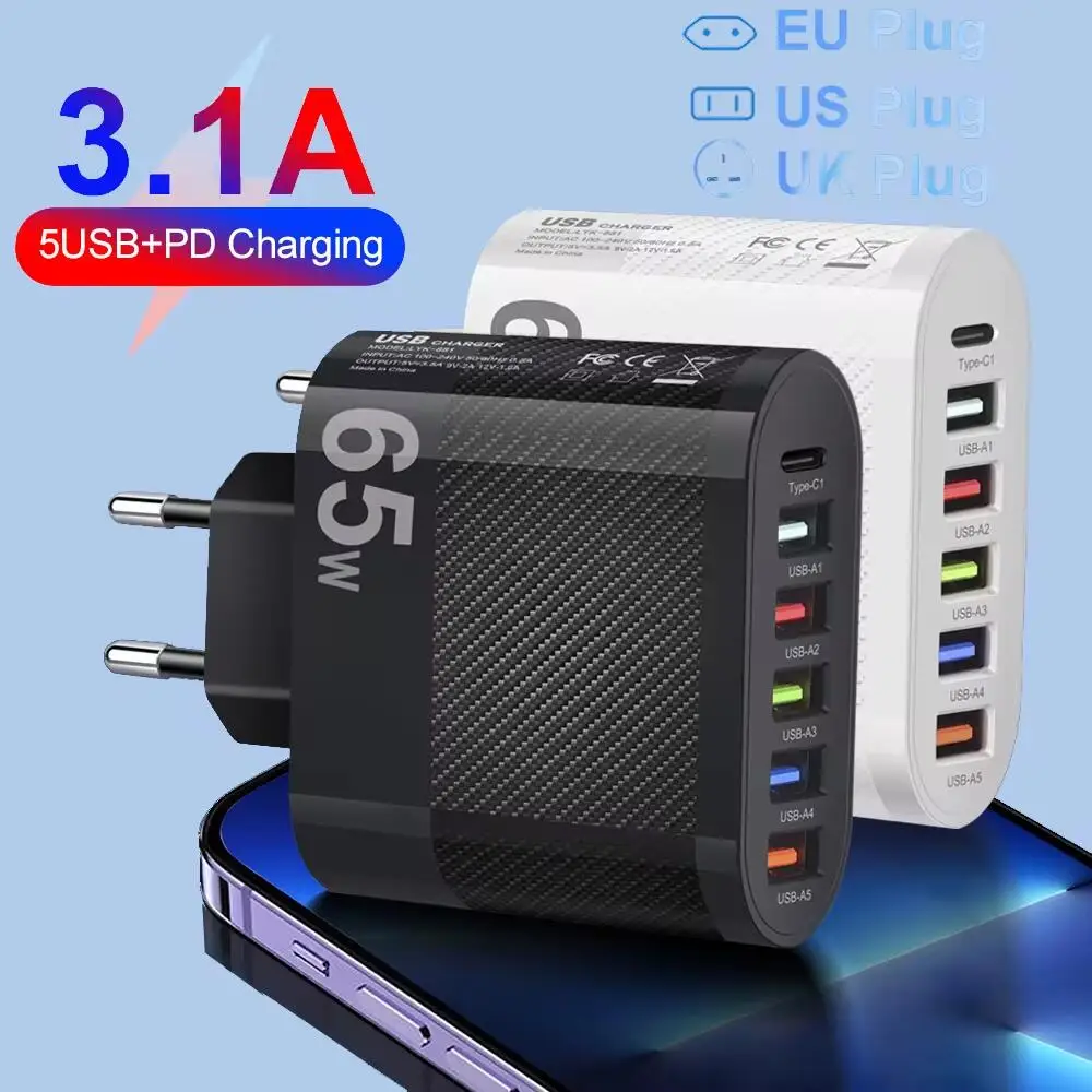 3.1A 6 Ports USB Charger PD Fast Charging Mobile Phone Charger Adapter For iPhone Xiaomi Samsung QC 3.0 Multi Ports Wall Charger