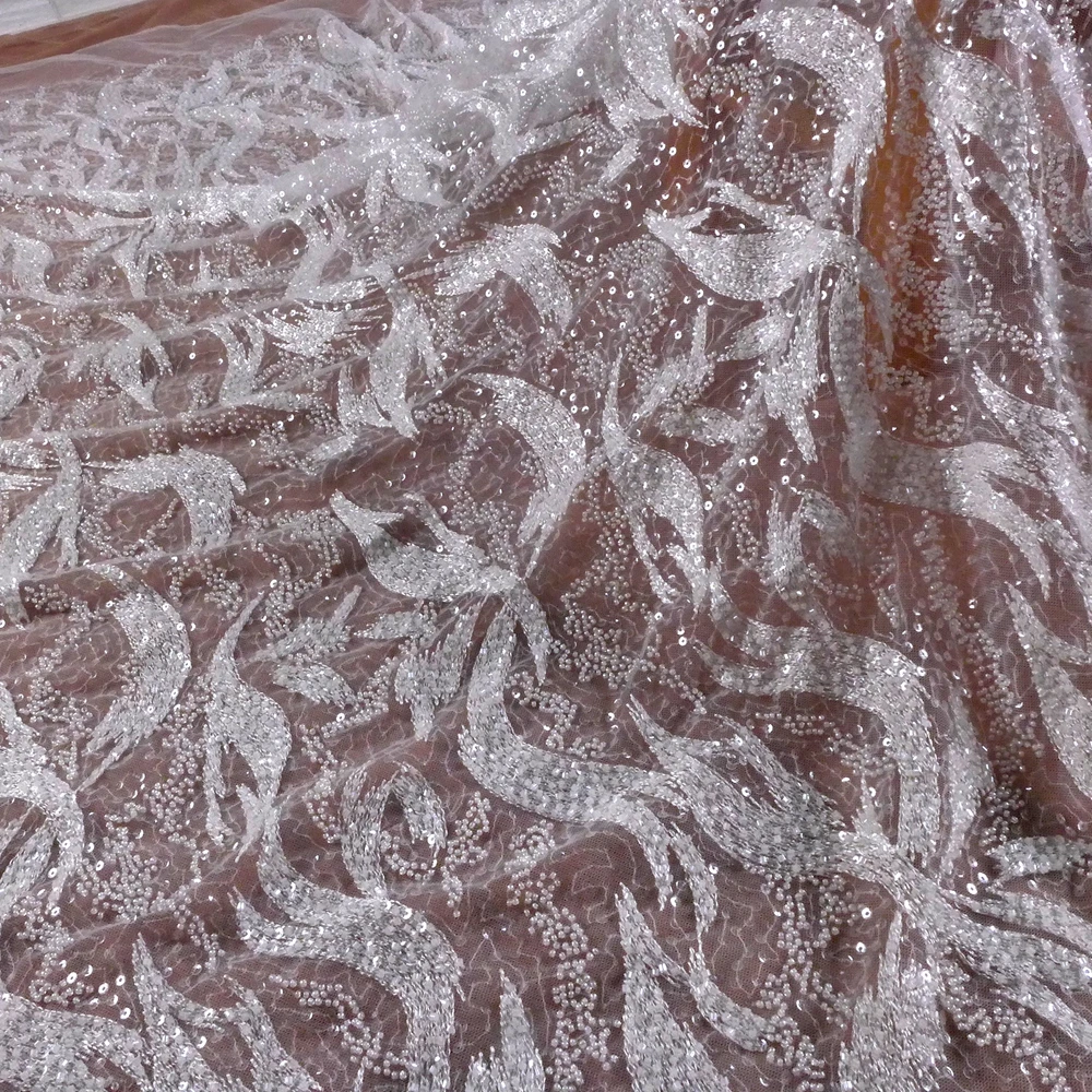 

HelluyerDc Off-white beaded lace fabric,Simple lines points embroidery for evening,wedding prom dress,Bridal veil easy to cut