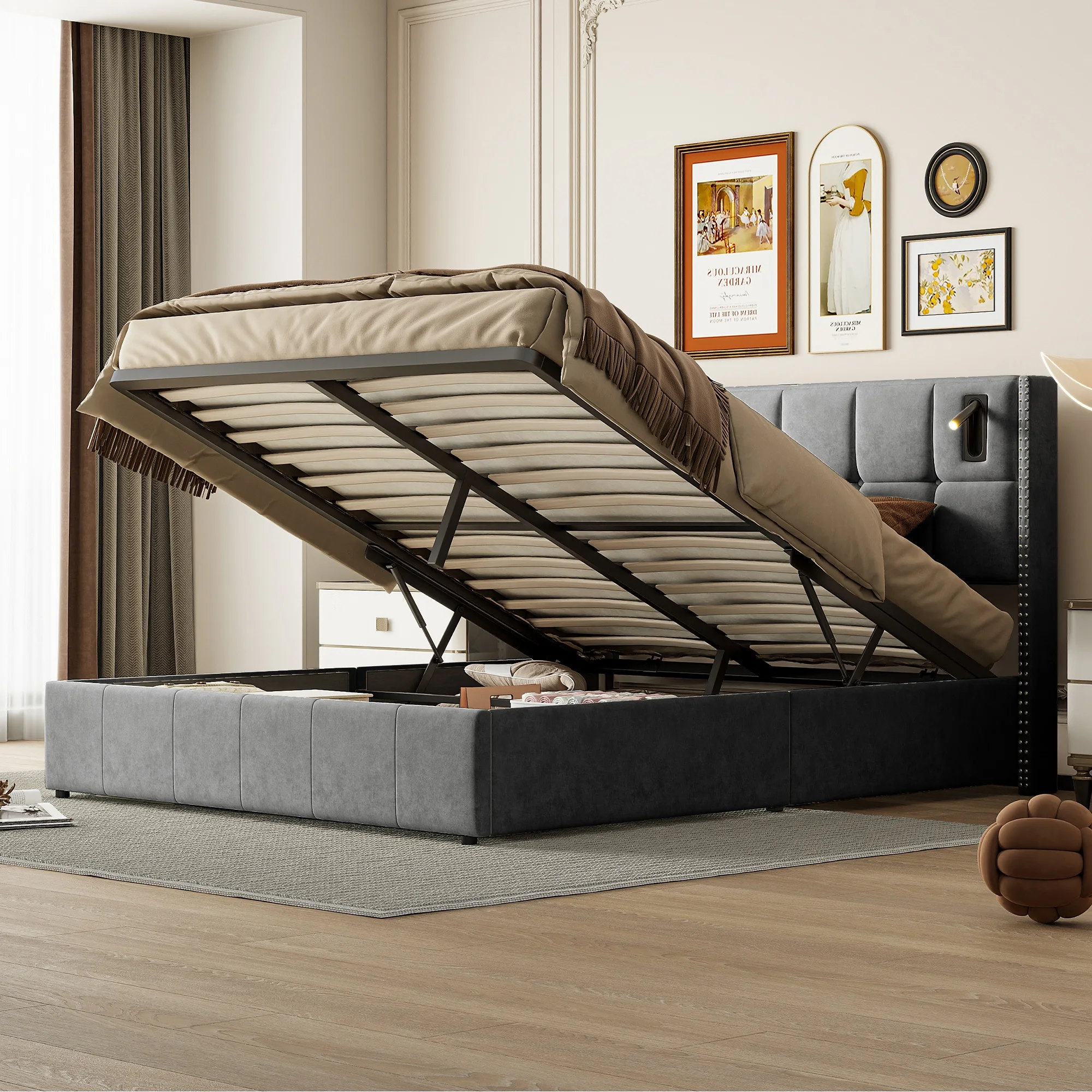 Superaly, 140 × 200 cm, Bettgestell, Bett mit Stauraum, hydraulisches Bett, Schlafzimmerbett, gepolstertes Bett, Bett mit Stauraum, Jugendbettgestell, Grau, Samt.
