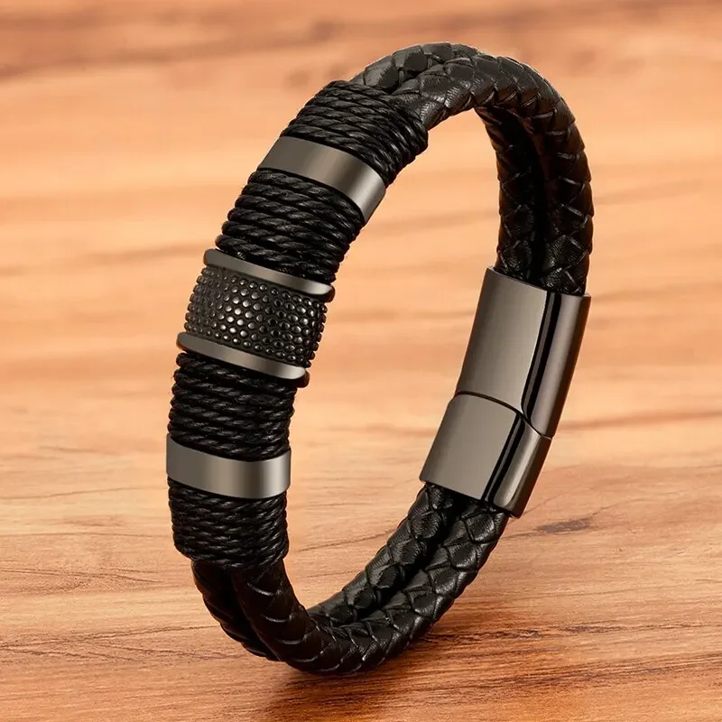 Vintage Geweven Lederen Touw Wrap Armbanden Voor Mannen Klassieke Roestvrij Stalen Armbanden Armbanden Punk Polsband Sieraden Mannelijke Geschenken - afbeelding 2