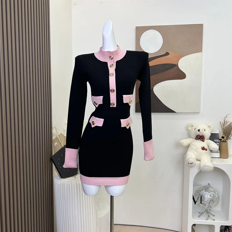 French Style Elegant Long Sleeve Patchwork Dresses 2023 Women Vintage Midi Classic Knitted Dress