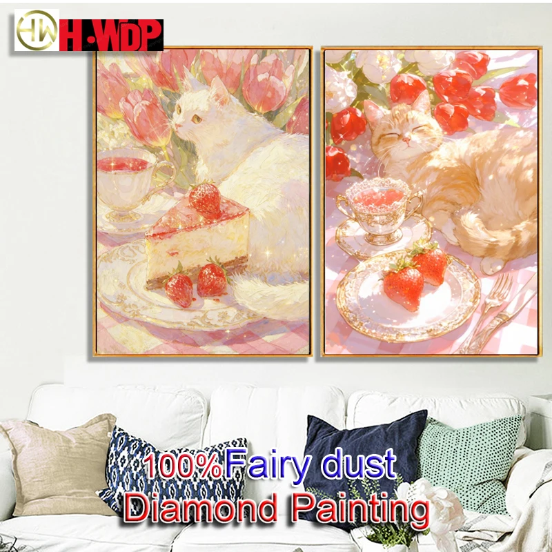 HWDP 100% Fairy Dust Diamond Painting Kits Cat Picture Square Diamond Embroidery Animal Stitch Diamond Art Full Crystal Decor
