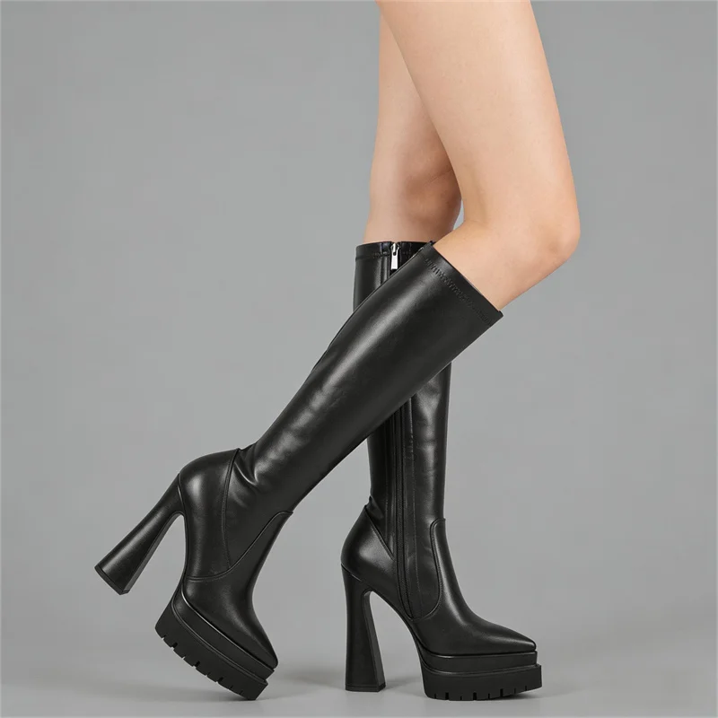 Onlymaker Women Pointed Toe Platform Knee High Zipper Boots Black Zip Anti Slip Thick Block Heel Wide Calf Party Boots