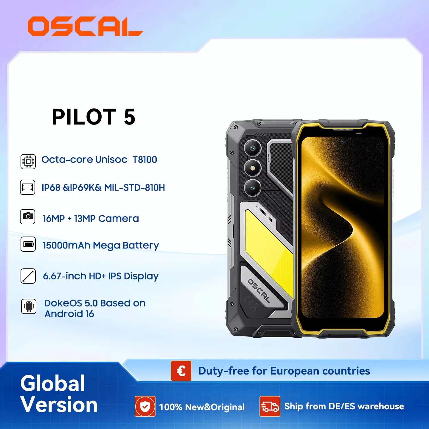 Téléphones mobiles OSCAL PILOT 5 5G, smartphone robuste AI 5G UNISOC T8100, écran 6,67 pouces 2,4K 120 Hz, 8 Go 256 Go, batterie 15000 mAh