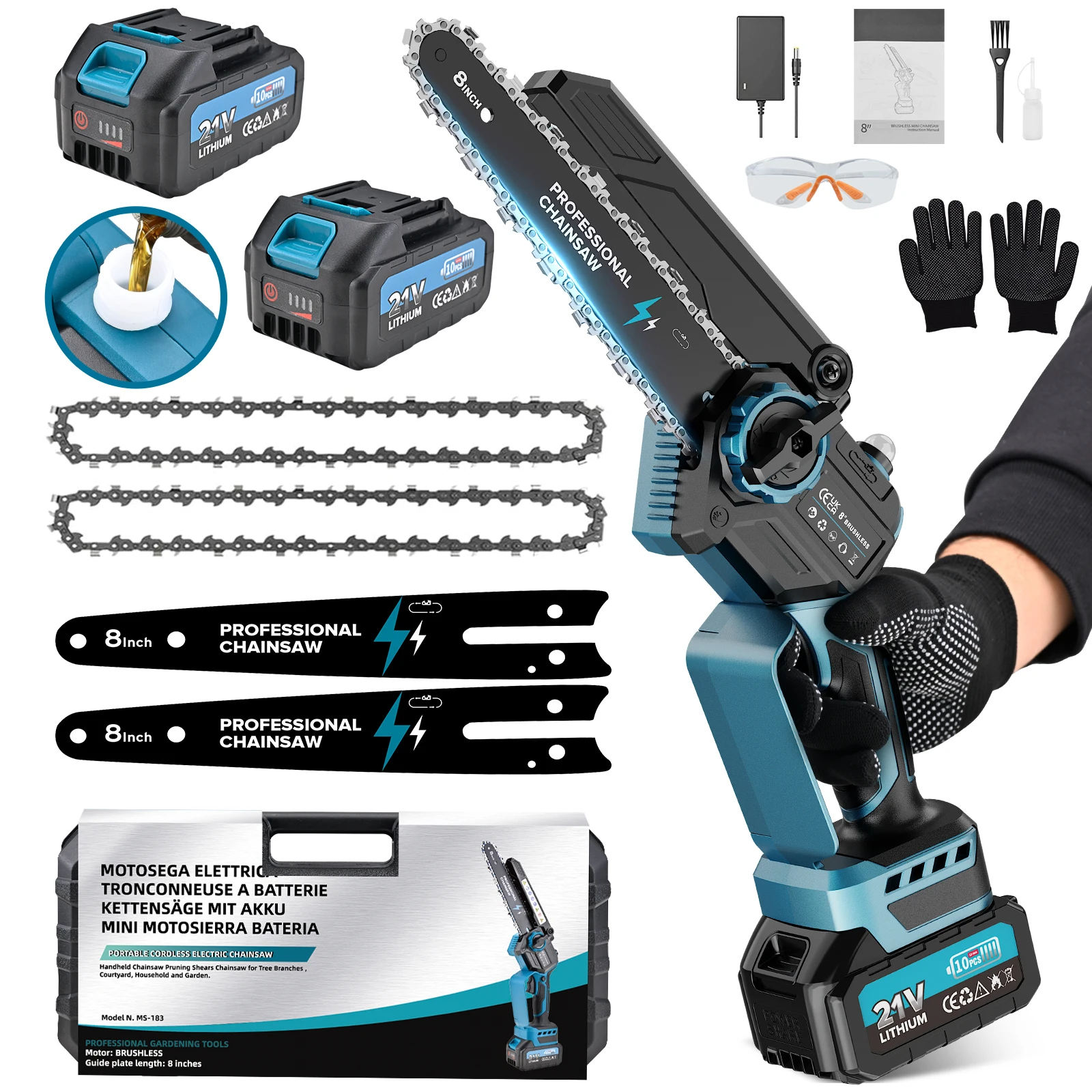 Mini-Tronçonneuse 8 Pouces avec Batterie, Tronçonneuse sans Fil 8000mAh 1200W – Pour Élagage, Bricolage et Projets DIY