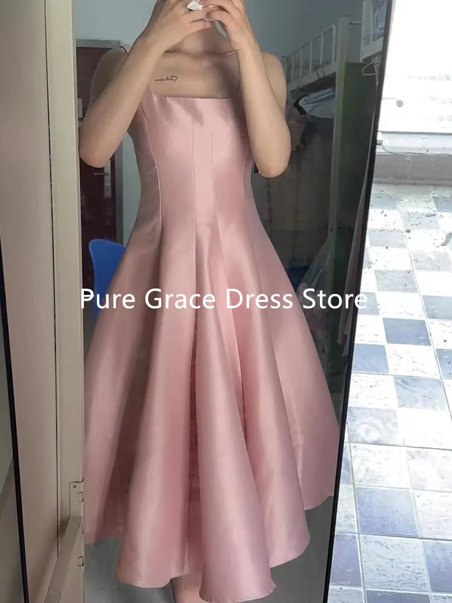 Elegant French Socialite Style Sweet Pink Square Collar Prom Dress Women Spring Summer A-line Tea Break Formal Vestidos 2024